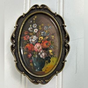 Vintage Art Floral Oval Frame Metal Gold Gallery Wall Italy Miniature 4x3